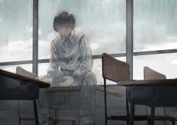Rule 34 | 1boy, absurdres, black hair, chair, classroom, collared shirt, commentary, desk, dress shirt, grey pants, highres, indoors, long sleeves, looking down, male focus, natari, original, pants, school chair, school desk, school uniform, shirt, short hair, sitting, solo, sweatdrop, translucent, white shirt, window