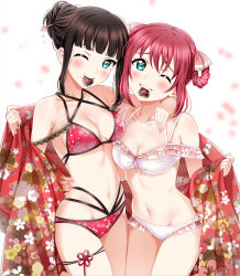 Rule 34 | 10s, 2girls, arm over shoulder, bikini, black hair, blush, bow, breasts, candy, cherry blossoms, chocolate, chocolate heart, cleavage, collarbone, criss-cross halter, flashing, floral print, food, frilled bikini, frills, green eyes, hair between eyes, hair bow, hair bun, hair ornament, hairpin, halterneck, heart, highres, kurosawa dia, kurosawa ruby, looking at viewer, love live!, love live! school idol festival, love live! sunshine!!, mole, mole under mouth, multi-strapped bikini bottom, multiple girls, multiple straps, navel, one eye closed, petals, pink bow, red bikini, red hair, robe, sankuro (agoitei), siblings, sidelocks, simple background, single hair bun, sisters, small breasts, smile, swimsuit, thigh strap, white background, white bikini