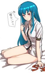 Rule 34 | 1girl, bad id, bad twitter id, barefoot, blue hair, blush, full body, hinanawi tenshi, long hair, looking at viewer, michihasu, no pants, panties, parted lips, red eyes, ribbon, shirt, short sleeves, simple background, sitting, solo, speech bubble, text focus, touhou, translation request, unbuttoned, underwear, white background, yokozuwari