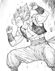 Rule 34 | 1boy, closed mouth, commentary, dragon ball, dragonball z, english commentary, feet out of frame, from side, gogeta, greyscale, hands up, highres, legs apart, male focus, monochrome, muscular, muscular male, pants, profile, sash, smile, solo, standing, wristband, y naf