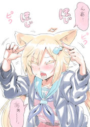Rule 34 | 1girl, animal ears, blonde hair, borrowed character, cat ears, fang, fish hair ornament, hair ornament, long hair, open mouth, original, pine-chan ver. 1, school uniform, simple background, solo, tukiwani, white background