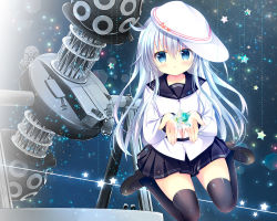 Rule 34 | 1girl, :o, black sailor collar, black skirt, black thighhighs, blue eyes, blue hair, blush, brown footwear, commentary request, cover, cover page, flat cap, hair between eyes, hammer and sickle, hands up, hat, hibiki (kancolle), holding, holding star, kantai collection, loafers, long hair, long sleeves, looking at viewer, own hands together, parted lips, pleated skirt, sailor collar, school uniform, serafuku, shirogane hina, shirt, shoes, sitting, skirt, solo, star (symbol), thighhighs, verniy (kancolle), very long hair, wariza, white hat, white shirt