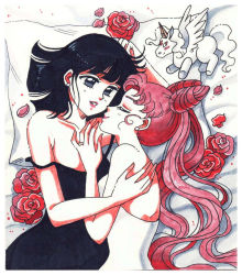 Rule 34 | 2girls, alternate costume, back, bare arms, bare shoulders, bed, bishoujo senshi sailor moon, black dress, black eyes, black hair, blush, character doll, chibi usa, cloveras, collarbone, couple, double bun, dress, earrings, female focus, flower, formal, friends, from above, hug, imminent kiss, jewelry, lips, lipstick, long hair, looking at another, lying, makeup, multiple girls, neck, off shoulder, on back, on side, parted lips, petals, pillow, pink hair, pink lips, red flower, red rose, ring, rose, short hair, smile, strap slip, strapless, strapless dress, tomoe hotaru, twintails, wavy hair, white dress, yuri
