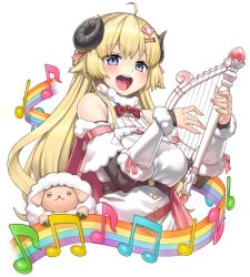 Rule 34 | 1girl, :d, ahoge, animal ears, blonde hair, blue eyes, bow, bowtie, breasts, brooch, commentary, cowboy shot, detached sleeves, dress, eyelashes, fur-trimmed dress, fur-trimmed sleeves, fur trim, hair ornament, hairclip, harp, holding, holding instrument, hololive, horns, instrument, jewelry, long hair, looking at viewer, medium breasts, musical note, open mouth, rainbow order, red bow, red bowtie, sheep, sheep ears, sheep horns, six suke, smile, solo, staff (music), transparent background, tsunomaki watame, tsunomaki watame (1st costume), virtual youtuber, white dress, wool