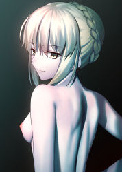 Rule 34 | 1girl, absurdres, artoria pendragon (all), artoria pendragon (fate), back, besmiled, blonde hair, braid, breasts, fate/stay night, fate (series), french braid, hair bun, highres, long hair, looking at viewer, looking back, medium breasts, nipples, nude, saber alter, sidelocks, single hair bun, smile, solo, yellow eyes