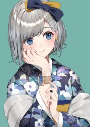 Rule 34 | 1girl, black bow, blue background, blue eyes, blue kimono, blush, bow, brown bow, commentary request, earrings, floral print, hair bow, hand on own cheek, hand on own face, hand up, highres, japanese clothes, jewelry, kimono, looking away, looking to the side, original, parted lips, print kimono, short hair, silver hair, simple background, smile, solo, swept bangs, upper body, usamochi., watch, wristwatch
