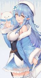 Rule 34 | 1girl, :d, ahoge, blouse, blue hair, braid, breasts, cleavage, corset, from side, fur trim, hair between eyes, half updo, haoni, hat, heart, heart ahoge, highres, hololive, icicle, jacket, large breasts, long hair, looking at viewer, nail polish, open clothes, open jacket, open mouth, pointy ears, ribbon-trimmed legwear, ribbon trim, see-through, shirt, side braid, sidelocks, simple background, skirt, sleeveless, sleeveless shirt, smile, solo, thighhighs, virtual youtuber, yellow eyes, yukihana lamy, zettai ryouiki