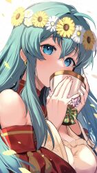 Rule 34 | 1girl, aqua eyes, aqua hair, bare shoulders, chalice, commentary request, covering own mouth, cup, detached sleeves, earrings, eirika (fire emblem), eirika (valentine) (fire emblem), fire emblem, fire emblem: the sacred stones, fire emblem heroes, flower, flower earrings, hair flower, hair ornament, highres, holding, holding cup, jewelry, long hair, looking at viewer, nakabayashi zun, nintendo, official alternate costume, petals, sidelocks, solo, white background