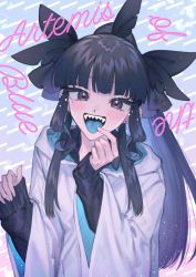 Rule 34 | 1girl, artemis of the blue, bad id, bad twitter id, black eyes, black hair, blue tongue, blush, character name, colored tongue, commentary, f (f gmmr2), indie virtual youtuber, long hair, looking at viewer, open mouth, ponytail, sharp teeth, solo, symbol-only commentary, teeth, tongue, tongue out, virtual youtuber