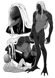 Rule 34 | 1boy, 1girl, abs, black skin, bra, claws, colored skin, couple, dreadlocks, drooling, faceless, faceless female, full body, fumitan (humitan), greyscale, head tilt, hetero, highres, interspecies, long hair, long tongue, monochrome, monster boy, no eyes, no penis, nude, original, outline, pectorals, saliva, squatting, standing, toned, toned male, tongue, underwear, webbed feet