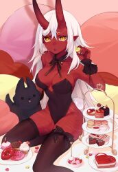 Rule 34 | 1girl, absurdres, akumi (yoclesh), animal, bare shoulders, bed, black thighhighs, breasts, cake, candy, chocolate, chocolate heart, colored skin, demon girl, dog, fingernails, food, fruit, hair between eyes, heart, highres, horns, indie virtual youtuber, large breasts, leotard, long hair, looking at viewer, macaron, oni, oni horns, plate, playboy bunny, pointy ears, red oni, red skin, scar, scar across eye, scar on face, sitting, solo, strawberry, thighhighs, valentine, virtual youtuber, white hair, yellow eyes, yoclesh