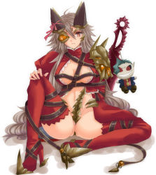 Rule 34 | 1girl, aldra (queen&#039;s blade), aldra (queen's blade), belt bra, boots, breasts, character doll, cleavage, colored eyelashes, delmore, eyepatch, full body, grey hair, large breasts, long hair, looking at viewer, putimaxi, queen, queen&#039;s blade, queen aldra, red thighhighs, serious, simple background, sitting, solo, spread legs, sword, thigh boots, thighhighs, very long hair, warrior, weapon, white background, yellow eyes