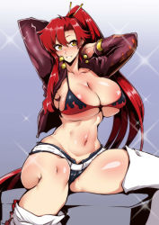 Rule 34 | 1girl, absurdres, areola slip, arms up, bikini, bikini top only, box, breasts, cleavage, gggg, highres, huge breasts, jacket, navel, on box, open clothes, open jacket, red hair, short shorts, shorts, sitting, solo, spread legs, swimsuit, tengen toppa gurren lagann, thighhighs, underboob, vaginal shorts, yoko littner