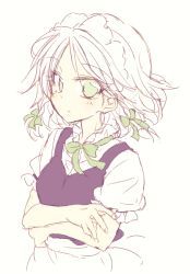 Rule 34 | apron, bow, braid, commentary request, crossed arms, green eyes, hair bow, izayoi sakuya, maid, maid apron, maid headdress, puffy short sleeves, puffy sleeves, satou kibi, short hair, short sleeves, sketch, solo, touhou, twin braids, upper body, white hair