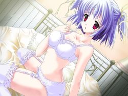 Rule 34 | 1girl, bed, blue hair, bra, game cg, garter belt, lingerie, mikeou, panties, red eyes, solo, stay ~anata no tonari ni~, tachi aoi, thighhighs, underwear, underwear only, undressing