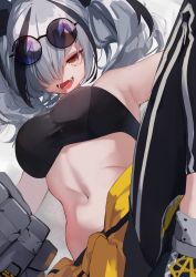 Rule 34 | 1girl, :d, arknights, bandeau, bare shoulders, black hair, black pants, breasts, brown eyes, clothes around waist, feater (arknights), feater (dojo star) (arknights), grey hair, hair over one eye, highres, jacket, jacket around waist, knee up, large breasts, leggings, long hair, midriff, multicolored hair, navel, official alternate costume, open mouth, pants, round eyewear, shiromonefu, smile, solo, stomach, strapless, streaked hair, sunglasses, tube top, twintails, yellow jacket