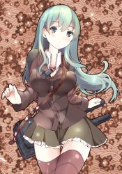 Rule 34 | 10s, 1girl, aqua eyes, aqua hair, belt, breasts, brown background, brown thighhighs, cleavage, collared shirt, cowboy shot, floral background, frilled skirt, frills, hair ornament, hairclip, kantai collection, large breasts, patterned background, pleated skirt, shiabisu, shirt, skirt, solo, strap, suzuya (kancolle), thighhighs, zettai ryouiki