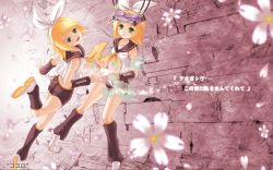 Rule 34 | 2girls, android, arm warmers, blonde hair, bow, clone, crazypen, dual persona, expressionless, flower, green eyes, hair bow, hair ornament, hair ribbon, hairclip, holographic interface, holographic monitor, joints, kagamine rin, kokoro (vocaloid), leg warmers, multiple girls, open mouth, petals, ribbon, robot joints, short hair, shorts, smile, vocaloid
