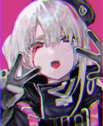 Rule 34 | 1girl, beret, black gloves, blue eyes, colored tears, commentary request, crying, girls&#039; frontline, gloves, hat, heterochromia, highres, jacket, long hair, looking at viewer, mdr (girls&#039; frontline), multicolored hair, one side up, pink background, pink hair, silver hair, smile, solo, streaked hair, streaming tears, tears, v, yukke-chan
