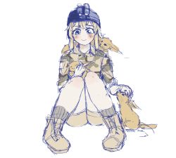 Rule 34 | 1girl, animal, animal on lap, animal on shoulder, artist request, blonde hair, blue eyes, boots, camouflage, colorized, desert camouflage, fennec fox, full body, headpat, helmet, highres, holding, holding animal, knees together feet apart, night-vision device, on lap, operator-chan, shirt, shorts, socks