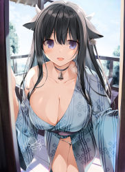 Rule 34 | 1boy, 1girl, 2021, animal ears, animal print, bare shoulders, bell, black hair, blush, breasts, chinese zodiac, cleavage, collar, collarbone, cow ears, cow girl, cow horns, cow print, cowbell, ear tag, highres, horns, japanese clothes, karory, kimono, large breasts, leaning forward, long hair, neck bell, obi, off shoulder, open door, original, panties, purple eyes, sash, signature, smile, underwear, year of the ox, yukata