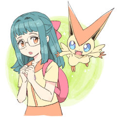 Rule 34 | 1girl, backpack, bad id, bad twitter id, bag, blue eyes, collarbone, commentary request, creatures (company), dede (qwea 00000), eyelashes, fangs, game freak, gen 5 pokemon, glasses, green hair, hair ribbon, hands up, korean commentary, legendary pokemon, long hair, looking back, mythical pokemon, nanette (pokemon), nintendo, open mouth, orange eyes, outstretched arms, pink bag, pink ribbon, pokemon, pokemon (anime), pokemon (creature), pokemon bw (anime), ribbon, shirt, short sleeves, sidelocks, tongue, victini, yellow shirt