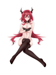 Rule 34 | 1girl, absurdres, arknights, bare shoulders, black thighhighs, blush, breasts, cleavage, collarbone, crossed arms, demon horns, full body, heart, heart-shaped pupils, highres, horns, legs, long hair, looking at viewer, medium breasts, navel, nude, open mouth, purple eyes, red hair, saliva, shou xin, sitting, solo, stomach tattoo, surtr (arknights), sweatdrop, symbol-shaped pupils, tattoo, teardrop, thighhighs, thighs, white background