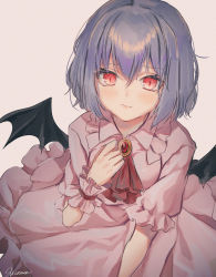 Rule 34 | 1girl, :/, ascot, bat wings, beige background, black wings, brooch, closed mouth, collar, collared dress, commentary, dress, frilled collar, frilled cuffs, frilled sleeves, frills, hair between eyes, hand on own chest, hand up, highres, jewelry, light purple hair, looking at viewer, no headwear, pink dress, puffy short sleeves, puffy sleeves, red ascot, red eyes, remilia scarlet, shiromoru (yozakura rety), short hair, short sleeves, sidelocks, signature, simple background, slit pupils, solo, touhou, wings, wrist cuffs