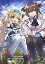 Rule 34 | 2girls, :d, animal ear fluff, animal ears, arknights, ascot, bare shoulders, black ascot, black collar, black footwear, black gloves, black pantyhose, blonde hair, blue gloves, blue hairband, book, book on lap, boots, braid, braided hair rings, brown hair, cat ears, cat girl, closed mouth, collar, dress, earpiece, flower, folinic (arknights), fox ears, fox girl, fox tail, frilled dress, frilled sleeves, frills, ganemu (0912015), gloves, green eyes, hair between eyes, hair flower, hair ornament, hair rings, hairband, highres, infection monitor (arknights), jacket, kitsune, kyuubi, long hair, material growth, multicolored hair, multiple girls, multiple tails, off-shoulder dress, off shoulder, open mouth, oripathy lesion (arknights), outdoors, pantyhose, purple dress, short hair, single glove, sitting, smile, suzuran (arknights), tail, torn clothes, torn pantyhose, twin braids, two-tone hair, white flower, white hair, white jacket, white pantyhose, yellow eyes