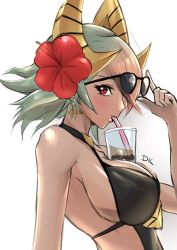 Rule 34 | 1girl, black one-piece swimsuit, breasts, bubble tea, bubble tea challenge, cleavage, cup, dark-skinned female, dark skin, deekei, drinking, drinking straw, earrings, fire emblem, fire emblem heroes, flower, from side, gradient hair, green hair, hair flower, hair ornament, highres, jewelry, laegjarn (fire emblem), large breasts, multicolored hair, nintendo, one-piece swimsuit, orange hair, red eyes, short hair, sideboob, simple background, solo, sunglasses, swimsuit, upper body, white background