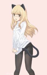 Rule 34 | 1girl, animal ears, black ears, black pantyhose, blonde hair, blush, cat ears, cat tail, dress shirt, glasses, long hair, lpn08, no pants, pantyhose, paw print, paw print background, perrine h. clostermann, pink background, shirt, shirt tug, sidelocks, solo, strike witches, tail, thighband pantyhose, world witches series, yellow eyes