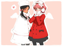 Rule 34 | 2girls, angel wings, aria vancleef, artist name, black hair, black legwear, blue eyes, blush, border, bow, brown eyes, buttons, child, coat, dark-skinned female, dark skin, earmuffs, embarrassed, flat chest, forehead jewel, fur hat, fur trim, hair bow, hands on own cheeks, hands on own face, hat, heart, kaya xavier, large bow, littlewitch, long hair, looking at viewer, looking back, mittens, multiple girls, official art, official wallpaper, ooyari ashito, outline, pantyhose, parted bangs, peacoat, pink background, pink hair, profile, short hair, shoujo mahou gaku littlewitch romanesque, simple background, skirt, spoken heart, standing, thighhighs, twintails, wallpaper, watermark, wings, winter clothes, winter coat