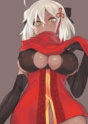 Rule 34 | 1girl, ahoge, arm at side, black gloves, bow, breasts, cleavage, covered erect nipples, dark-skinned female, dark skin, dress, elbow gloves, fate/grand order, fate (series), from below, gloves, hair between eyes, hair bow, hair ornament, henry bird 9, large breasts, looking at viewer, navel, no panties, okita souji (fate), okita souji alter (fate), okita souji alter (first ascension) (fate), red scarf, scarf, short dress, short hair, simple background, solo, tassel, white hair, yellow eyes