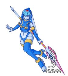 Rule 34 | 1girl, android, artist name, blue eyes, boots, full body, gloves, helmet, holding, holding polearm, holding spear, holding weapon, fairy leviathan (mega man), mega man (series), mega man zero (series), polearm, robot, robot girl, simple background, spear, thigh boots, thighhighs, transparent background, weapon, white background, white gloves