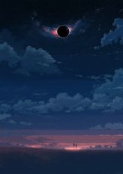 Rule 34 | 2others, absurdres, ambiguous gender, cloud, cloudy sky, eclipse, holding hands, hati 98, highres, multiple others, night, night sky, original, outdoors, scenery, sky, standing, star (sky), starry sky, very wide shot