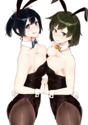 Rule 34 | 2girls, alternate costume, animal ears, black legwear, blue eyes, blue hair, blue neckwear, blush, bow, bowtie, breast press, breasts, brown eyes, brown hair, cleavage, detached collar, embarrassed, fake animal ears, from side, hiryuu (kancolle), kantai collection, large breasts, leotard, multiple girls, one side up, pantyhose, playboy bunny, poco (backboa), rabbit ears, ribbon, short hair, simple background, souryuu (kancolle), symmetrical docking, twintails, white background, white ribbon, yellow neckwear