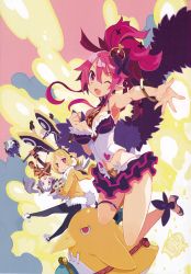Rule 34 | 3girls, animal ears, armpits, black legwear, blonde hair, bracelet, breasts, bright pupils, butterfly hair ornament, clenched hand, crown, disgaea, fake animal ears, fake tail, fang, frilled skirt, frills, fur trim, gloves, hair ornament, harada takehito, high heels, holding, holding wand, hood, hood down, jewelry, large breasts, long sleeves, looking at viewer, majorita (disgaea), makai senki disgaea 5, midriff, miniskirt, multiple girls, navel, necktie, official art, one eye closed, open hand, open mouth, outstretched arm, pantyhose, pink hair, prinny, purple eyes, purple hair, rabbit ears, rabbit tail, red eyes, seraphina (disgaea), short hair, sidelocks, skirt, skull hair ornament, tail, thigh strap, toeless footwear, twintails, updo, upside-down, usalia (disgaea), wand, white footwear