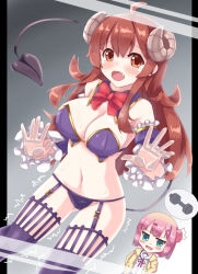 Rule 34 | 2girls, against fourth wall, ahoge, bare shoulders, blue eyes, blue sleeves, blush, bow, breasts, brown eyes, brown hair, chiyoda momo, cleavage, commentary request, curled horns, demon girl, demon horns, demon tail, detached sleeves, drawstring, dumbbell, fang, frilled sleeves, frills, fuyuki8208, garter straps, groin, hair ornament, hairclip, highres, hood, hood down, hooded jacket, horns, jacket, long hair, long sleeves, looking at viewer, machikado mazoku, medium breasts, multiple girls, navel, neck ribbon, open clothes, open jacket, open mouth, pillarboxed, pink hair, purple legwear, red bow, red ribbon, revealing clothes, ribbon, sailor collar, school uniform, serafuku, shirt, solo focus, speech bubble, sweat, tail, tail raised, tears, thighhighs, very long hair, white sailor collar, white shirt, yellow jacket, yoshida yuuko (machikado mazoku)