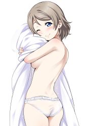 Rule 34 | 10s, 1girl, ass, back, blue eyes, blush, breasts, brown hair, closed mouth, commentary request, cowboy shot, from behind, highres, hugging object, legs together, lips, looking at viewer, love live!, love live! sunshine!!, medium breasts, one eye closed, panties, pillow, pillow hug, sankuro (agoitei), short hair, simple background, smile, solo, standing, topless, underwear, underwear only, watanabe you, white background, white panties
