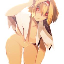 Rule 34 | 1girl, alice margatroid, bad id, bad pixiv id, bent over, blonde hair, blush, bottomless, breasts, capelet, collarbone, cowboy shot, female focus, hair between eyes, hairband, hand on own head, hip focus, leaning forward, looking at viewer, navel, pussy, red eyes, shiny skin, short hair, siirakannu, simple background, solo, straight hair, sweat, thigh gap, thighs, touhou, wet, white background, wide hips