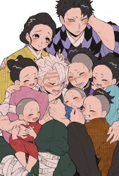 Rule 34 | 4girls, 6+boys, affectionate, alternate universe, black hair, black pants, blush, bow-shaped hair, brother and sister, brothers, brown kimono, buzz cut, carrying, child, child carry, closed eyes, demon slayer uniform, family, gohanha118, green pants, grey hair, group hug, hair bun, hair pulled back, hand on another&#039;s back, hand on another&#039;s shoulder, hand up, highres, holding hands, hug, japanese clothes, kimetsu no yaiba, kimono, knees up, laughing, long sleeves, looking at another, looking away, mohawk, multiple boys, multiple girls, pants, pink kimono, purple eyes, red kimono, scar, scar on arm, scar on chest, scar on face, scar on forehead, scar on nose, shinazugawa genya, shinazugawa hiroshi, shinazugawa koto, shinazugawa kyougo, shinazugawa sanemi, shinazugawa shizu, shinazugawa shuya, shinazugawa sumi, shinazugawa teiko, short hair, siblings, sideways glance, simple background, single hair bun, sisters, sitting, sitting on lap, sitting on person, updo, very short hair, white background, wide sleeves, yellow eyes, yellow kimono