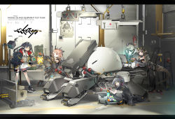 Rule 34 | 1boy, 4girls, absurdres, animal ears, arknights, bandeau, black choker, black hair, black jacket, blue hair, can, cat ears, choker, closure (arknights), computer, english text, eunectes (arknights), feather hair, feather hair ornament, gloves, goggles, goggles on head, green eyes, hair between eyes, hair ornament, highres, holding, holding can, indoors, infection monitor (arknights), jacket, jessica (arknights), lancet-2 (arknights), lanyard, laptop, long hair, long sleeves, looking ahead, looking at another, looking at viewer, medium hair, multiple girls, open clothes, open jacket, open mouth, penguin logistics logo, pinecone (arknights), pointy ears, ponytail, red eyes, robot, shinnasuka025, shirt, smile, spot (arknights), tail, white shirt, workshop