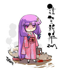 Rule 34 | 00s, 1girl, 2007, alternate costume, chibi, crescent, crescent hair ornament, female focus, hair ornament, japanese clothes, kimono, lowres, new year, patchouli knowledge, solo, tokiame, touhou