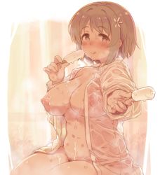 Rule 34 | 1girl, 7010, blush, breasts, brown eyes, brown hair, cleavage, commentary request, dress shirt, female pubic hair, flower, food, frills, hair flower, hair ornament, heart, heart-shaped pupils, idolmaster, idolmaster cinderella girls, large breasts, long sleeves, looking at viewer, mimura kanako, naked shirt, navel, nipples, open clothes, open shirt, plump, popsicle, pubic hair, shirt, short hair, sitting, smile, solo, symbol-shaped pupils, tongue, wet, wet clothes, wet shirt, white shirt