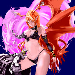Rule 34 | 1girl, armpits, bare shoulders, bikini, breasts, cleavage, demon girl, female focus, highres, horns, long hair, lord of vermilion, matching hair/eyes, nail polish, navel, orange eyes, orange hair, pointy ears, single wing, smile, solo, demon girl, succubus (lord of vermilion), swimsuit, wings