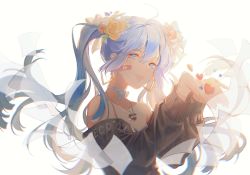 Rule 34 | 1girl, ai kotoba iii (vocaloid), bandages, bare shoulders, black sweater, blue choker, blue eyes, blue hair, blue neckwear, blush, choker, close-up, e-ma (pixiv6933729), earrings, floating, floating hair, flower, hair flower, hair ornament, happy, hatsune miku, heart, highres, hoop earrings, jewelry, long hair, long sleeves, looking at viewer, necklace, orange flower, outstretched hand, palms, paper, ribbon choker, see-through, simple background, smile, solo, sweater, twintails, upper body, very long hair, vocaloid, white background, wind, wind lift