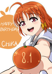 Rule 34 | 1girl, absurdres, artist name, artist request, blush, bow, braid, breasts, close-up, collarbone, female focus, food, fruit, grey sailor collar, hair bow, highres, holding, holding orange, long sleeves, looking at viewer, love live!, love live! sunshine!!, orange (fruit), orange hair, parted lips, red eyes, ribbon, sailor collar, school uniform, shirt, short hair, side braid, single braid, smile, solo, takami chika, upper body, uranohoshi school uniform, white background, white shirt, yellow bow