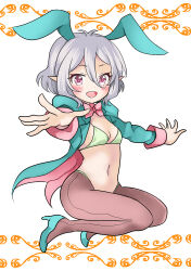 Rule 34 | absurdres, animal ears, bikini, bikini top only, breasts, high heels, highres, jin kansai, jumping, kokkoro (princess connect!), looking at viewer, meme attire, navel, pink eyes, pointy ears, princess connect!, rabbit ears, reverse bunnysuit, reverse outfit, short hair, small breasts, smile, swimsuit, white background, white hair