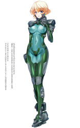 Rule 34 | 1girl, blonde hair, blue eyes, breasts, copyright name, covered erect nipples, covered navel, fortified suit, full body, hand on own chest, highres, irma thesleff, looking at viewer, medium breasts, muv-luv, muv-luv alternative, muv-luv alternative strike frontier, official art, parted lips, short hair, silly (marinkomoe), solo, white background