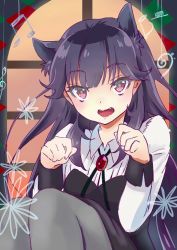 Rule 34 | 10s, 1girl, animal ears, beamed quavers, black hair, cat ears, fangs, haruchika, homura chika, long hair, looking at viewer, multicolored eyes, musical note, noji (sinimu), open mouth, pantyhose, paw pose, quaver, solo, treble clef, window